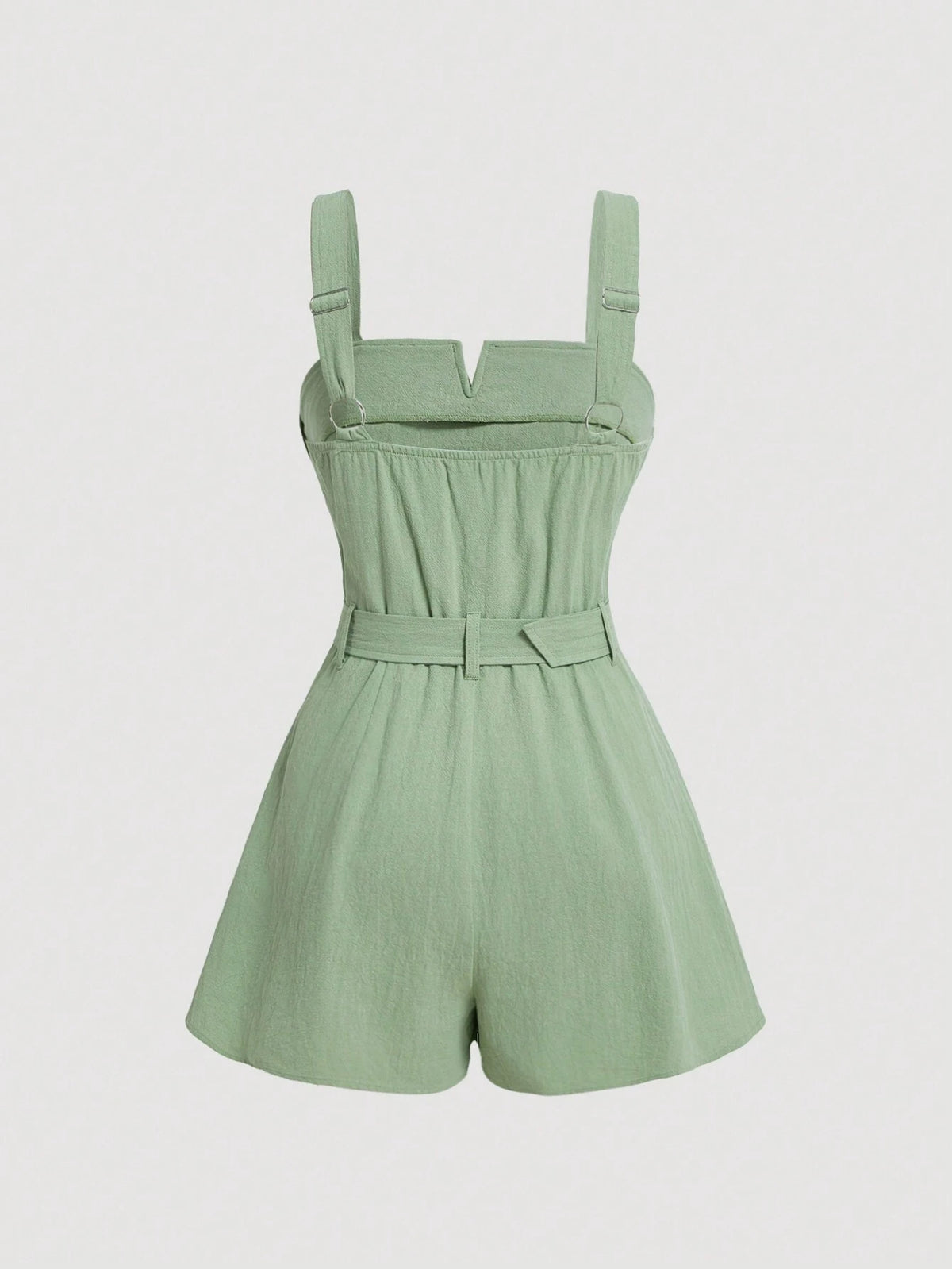 Green V-Neck Collar, Contrast Stitching, Oblique Insert Pocket, Wide Leg Jumpsuit With Retro Belt Decoration, Short Version, Suitable For Spring And Summer