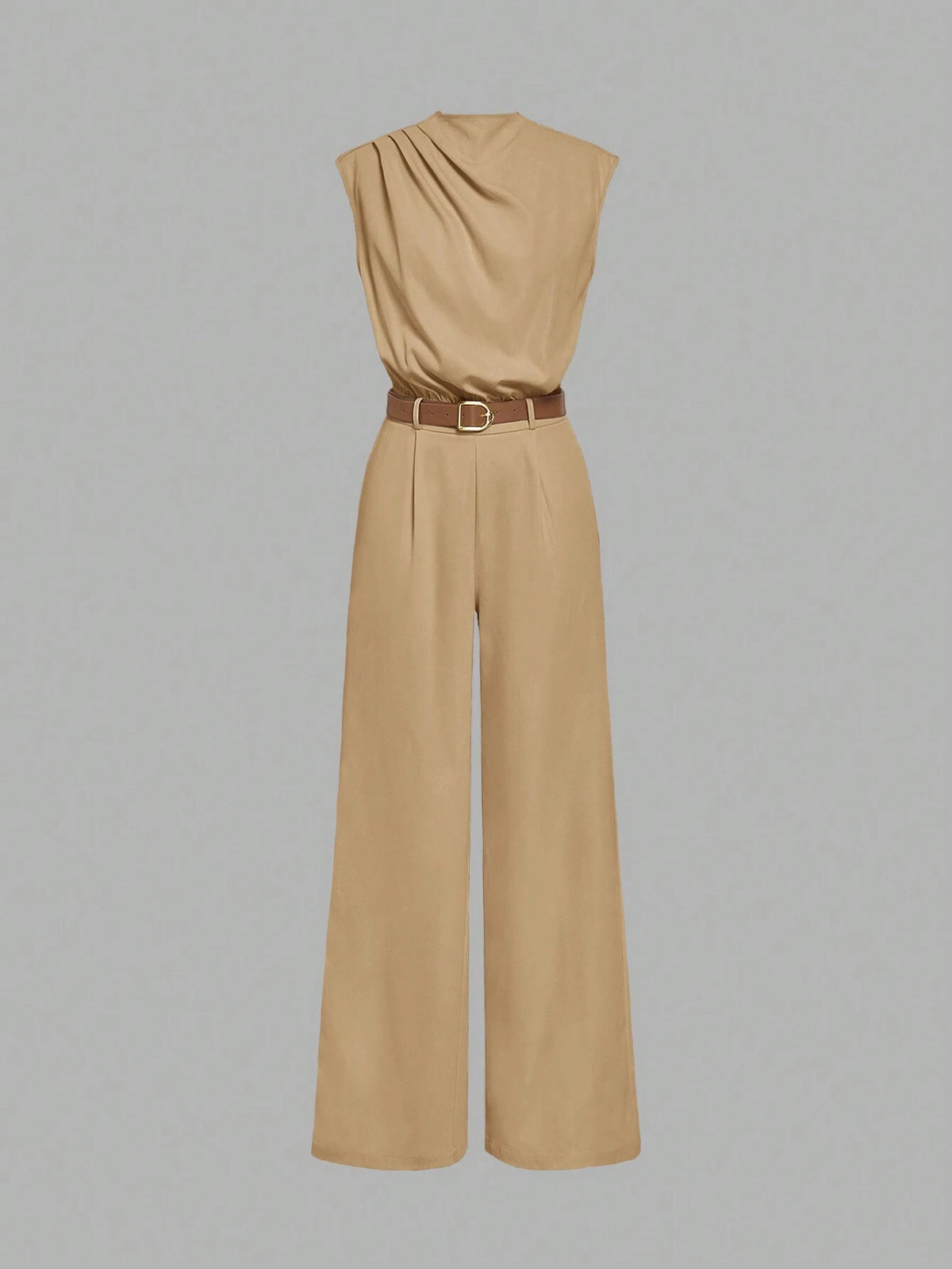 HIGH NECK SOLID POCKET JUMPSUIT WITH BELT