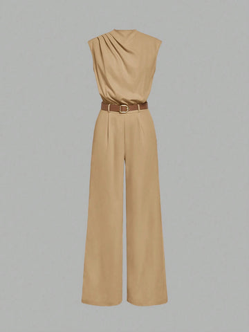 HIGH NECK SOLID POCKET JUMPSUIT WITH BELT