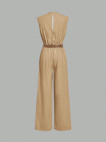 HIGH NECK SOLID POCKET JUMPSUIT WITH BELT