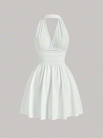 Halter V-Neck Waist Tie Dress