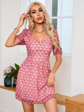 Heart Pattern Printed Short Sleeve Puff Sleeve Dress