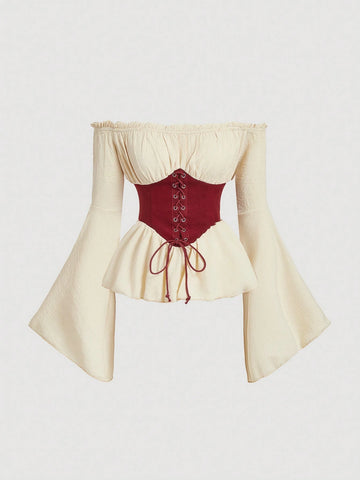 MOD Hollow Out Flared Sleeve Contrast Tie Waist Vintage Blouse