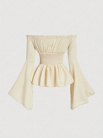 MOD Hollow Out Flared Sleeve Contrast Tie Waist Vintage Blouse