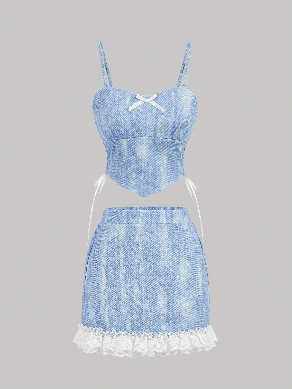 Hollow Out Lace-Up Bowknot Decorated Camisole Top & Lace Trimmed Mini Skirt Two-Piece Set For Summer