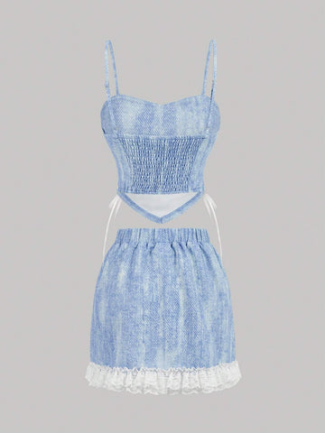 Hollow Out Lace-Up Bowknot Decorated Camisole Top & Lace Trimmed Mini Skirt Two-Piece Set For Summer
