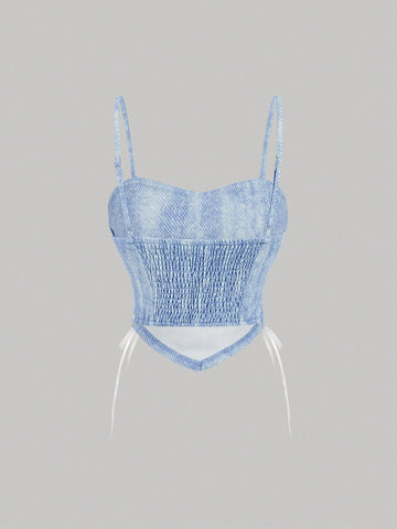 Hollow Out Lace-Up Bowknot Decorated Camisole Top & Lace Trimmed Mini Skirt Two-Piece Set For Summer