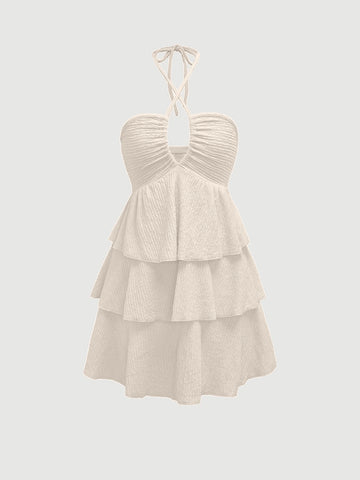 Hollow Out Pleated Cake Skirt Hem Dress With Back Neck Tie, Casual Vacation Style