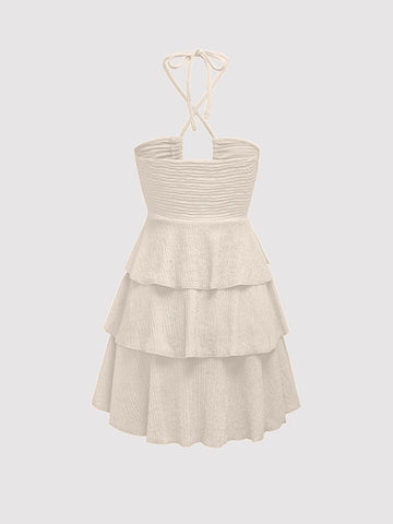 Hollow Out Pleated Cake Skirt Hem Dress With Back Neck Tie, Casual Vacation Style