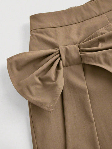 MOD Khaki 3D Big Bow And Skirt Patch Trousers,Fall Clothes, Clothes,Asymmetrical Pants