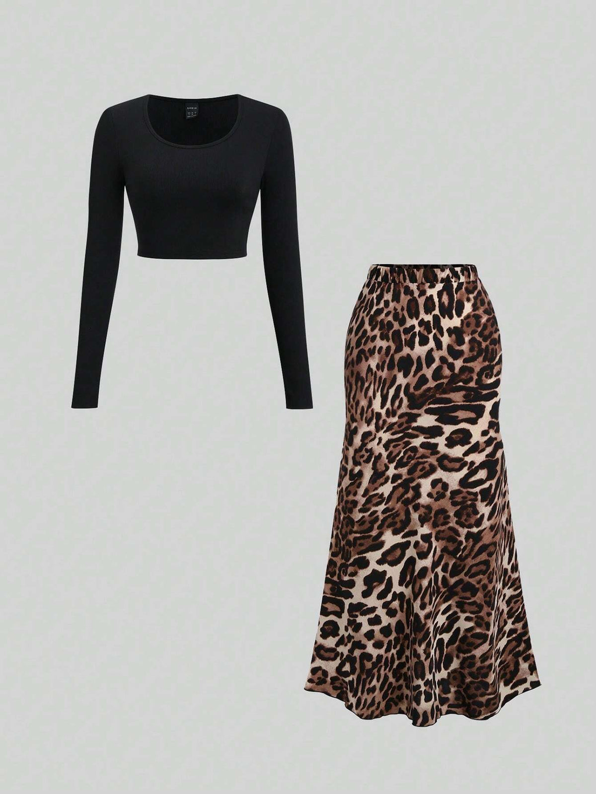 Knitted Solid Color Crew Neck Sweater And Leopard Print Mini Skirt Casual 2pcs Set