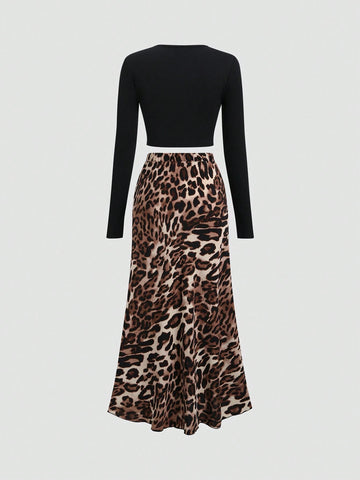 Knitted Solid Color Crew Neck Sweater And Leopard Print Mini Skirt Casual 2pcs Set