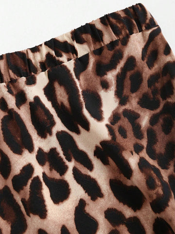 Knitted Solid Color Crew Neck Sweater And Leopard Print Mini Skirt Casual 2pcs Set