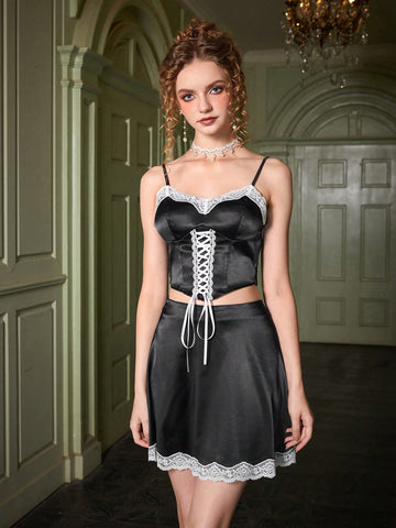 Lace Up Contrast Lace Cami Top & Skirt