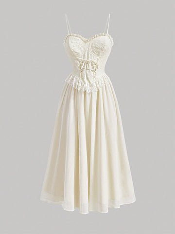MOD Lace Up Front Ruffle Trim Cami Dress