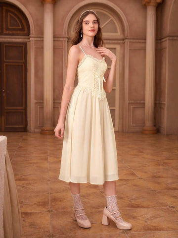 MOD Lace Up Front Ruffle Trim Cami Dress