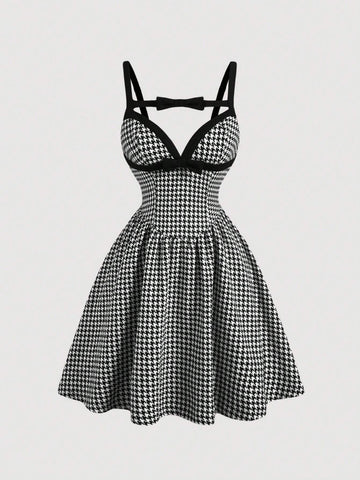 Ladies Contrast Color Bow Decoration Chic Elegant Camisole Dress, Black And White Checkered