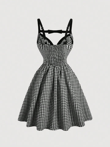 Ladies Contrast Color Bow Decoration Chic Elegant Camisole Dress, Black And White Checkered