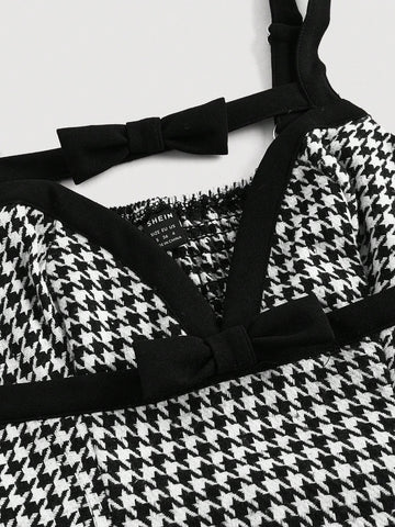 Ladies Contrast Color Bow Decoration Chic Elegant Camisole Dress, Black And White Checkered