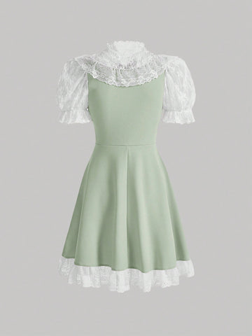 Ladies' Contrast Color Lace Panel Dress With Bow-Knot Front