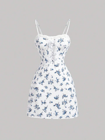 Ladies' Ditsy Floral Lace & Tie Detail Fresh Style Strappy Dress