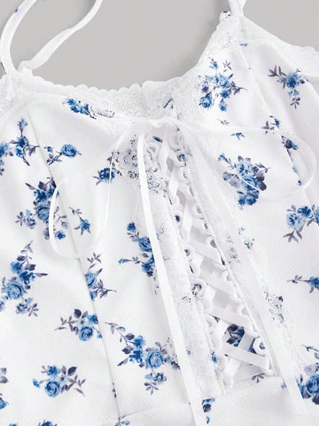 Ladies' Ditsy Floral Lace & Tie Detail Fresh Style Strappy Dress
