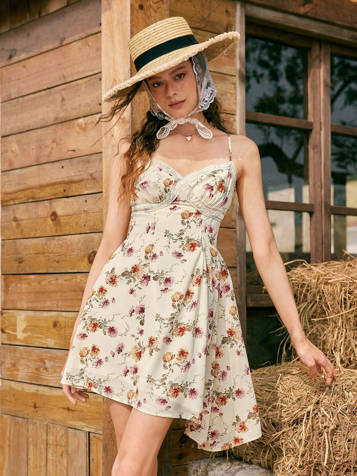 Ladies' Floral Printed Lace Hem Cami Dress