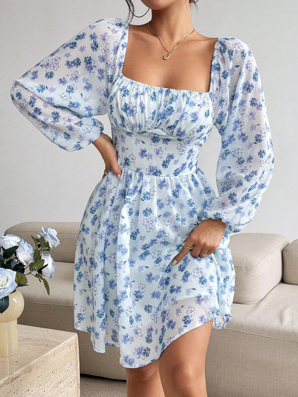 Ladies' Floral Printed Long Sleeve Holiday Style Dress