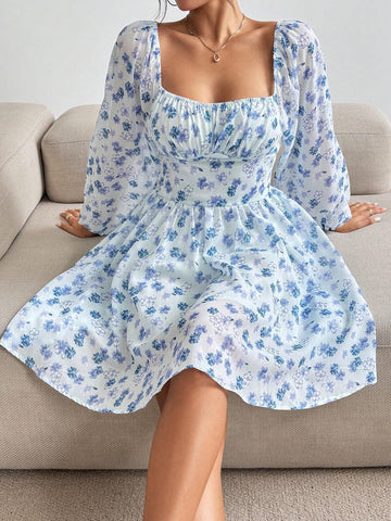 Ladies' Floral Printed Long Sleeve Holiday Style Dress