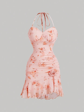 Ladies' Pink Floral Paisley Print Ruffled Halter Neck Short Dress,Party Dress,Pink Floral Dress,Short