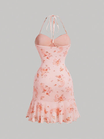 Ladies' Pink Floral Paisley Print Ruffled Halter Neck Short Dress,Party Dress,Pink Floral Dress,Short