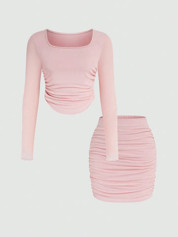 Ladies' Pink Pleated Tight-fitting Top And Bodycon Skirt Set