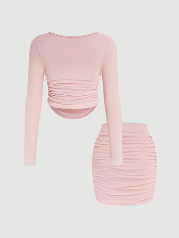 Ladies' Pink Pleated Tight-fitting Top And Bodycon Skirt Set