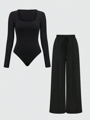 Ladies' Plain & Simple Long Sleeve Top And Pants Daily Suit