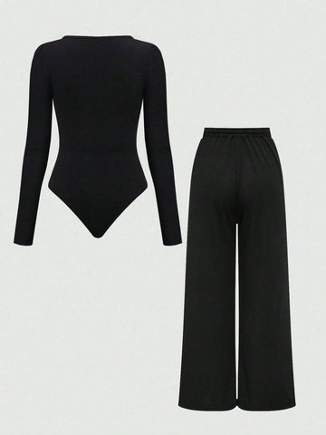 Ladies' Plain & Simple Long Sleeve Top And Pants Daily Suit