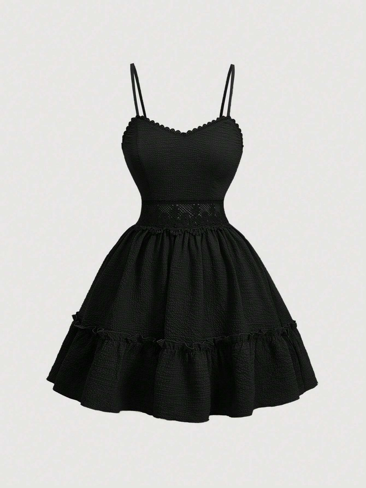 Ladies' Simple Solid Color Lace Trimmed Ruffle Hem Spaghetti Strap Dress
