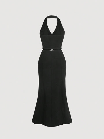 Ladies' Single Breasted Halter Top And Skirt Set