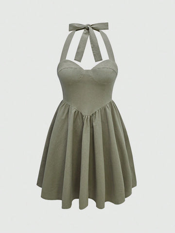 Ladies' Solid Color Halter Neck Tie Waist Dress