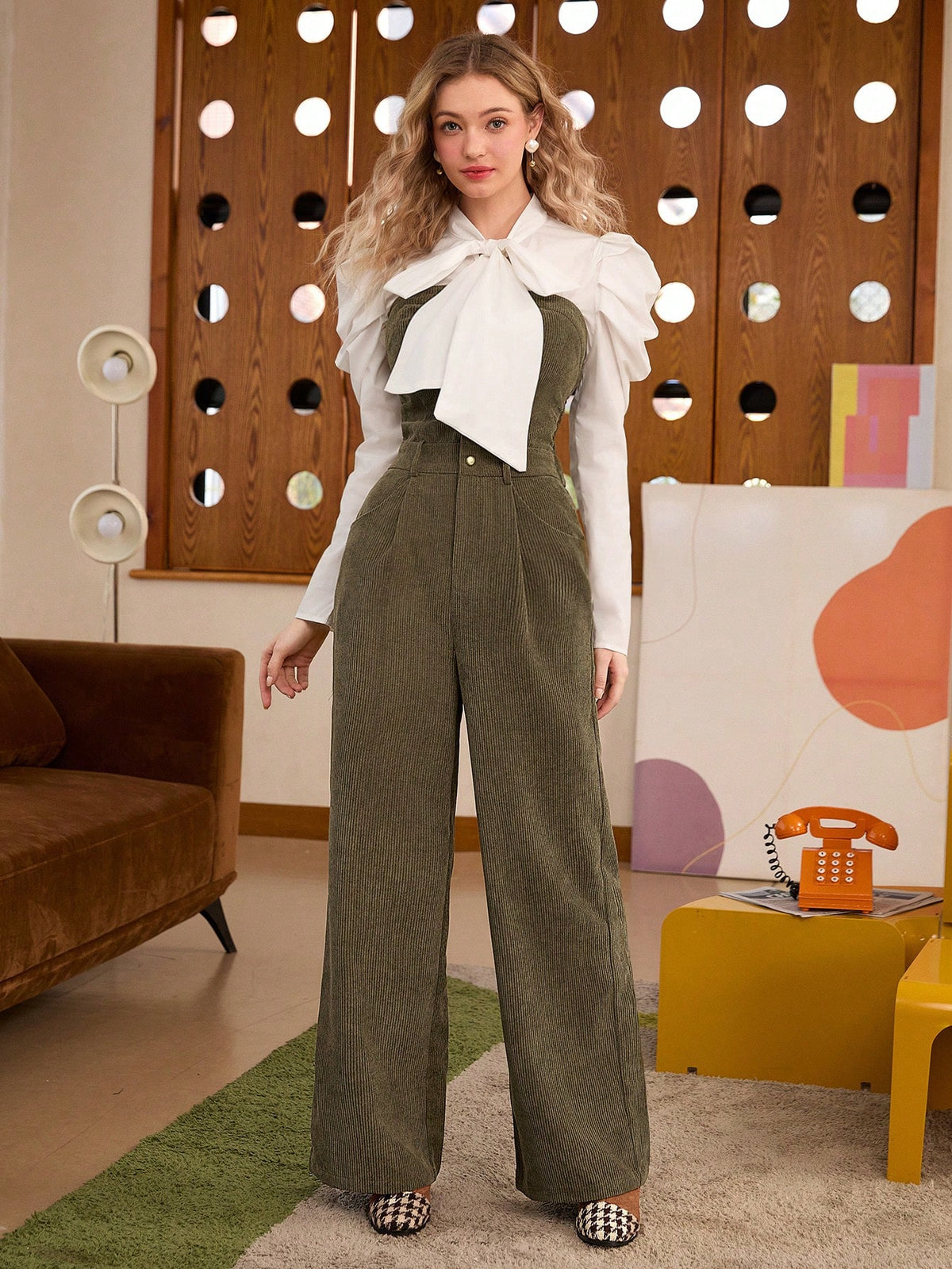 Ladies Solid Color Jumpsuit With Single Breasted Closure