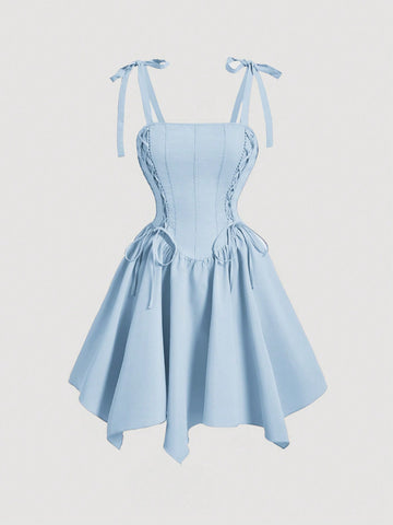 Ladies Solid Color Ribbon Strap Shoulder Knotted Cami Dress