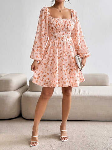 Ladies' Square Neck Lantern Sleeve Ditsy Floral Long Sleeve Holiday Dress