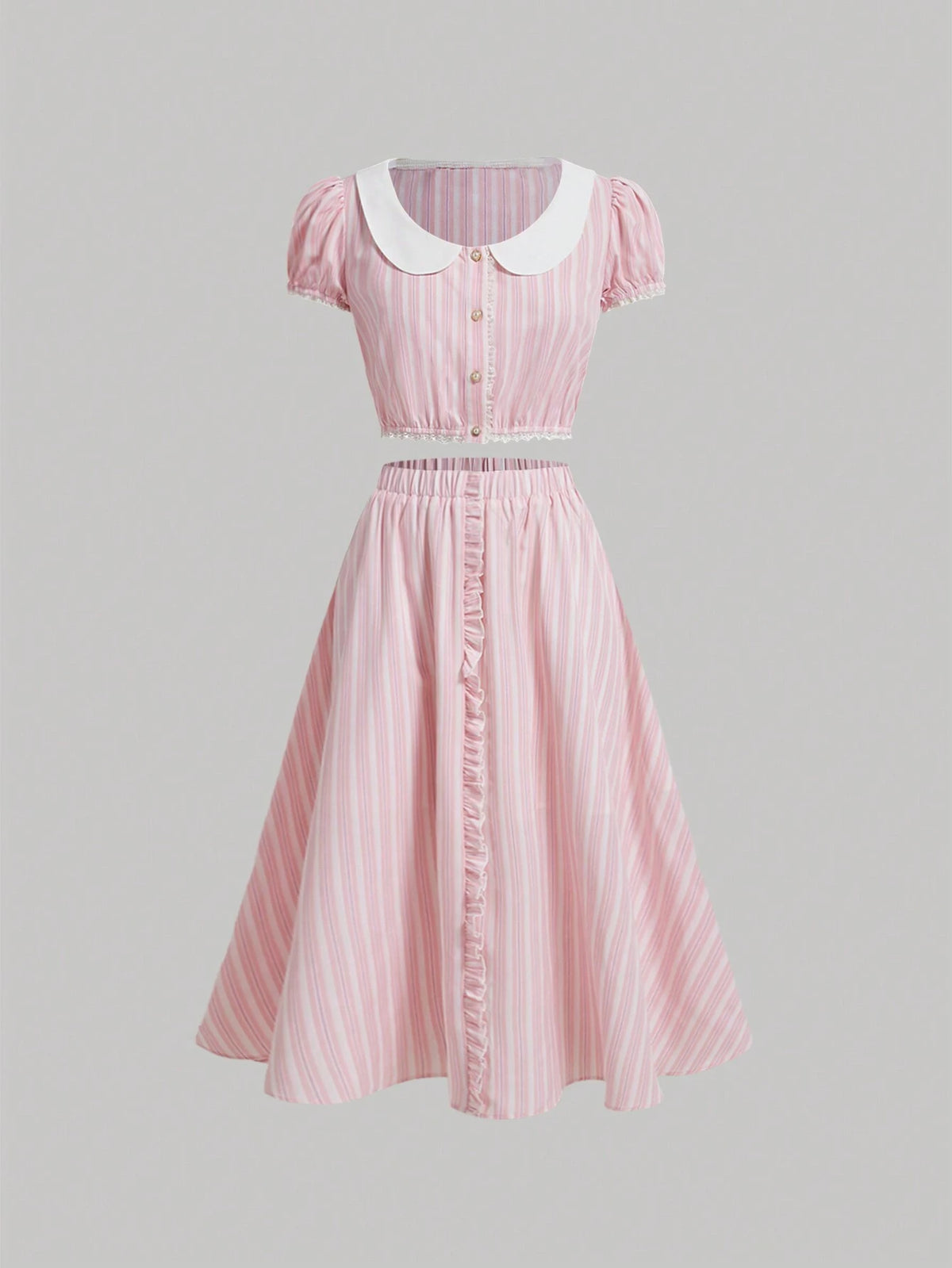 Ladies" Summer Striped Doll Collar Bubble Sleeve Shirt And Skirt Set