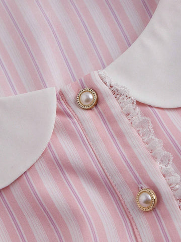 Ladies" Summer Striped Doll Collar Bubble Sleeve Shirt And Skirt Set