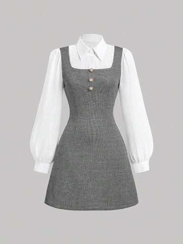 Lapel Contrasting Color Stitching College Style Retro Plaid Dress, Autumn Dress,Christmas Party