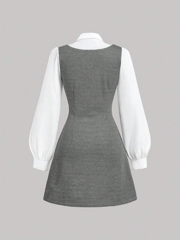 Lapel Contrasting Color Stitching College Style Retro Plaid Dress, Autumn Dress,Christmas Party