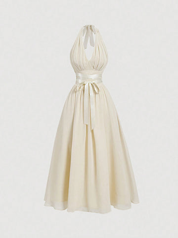 Light Yellow Chiffon Halterneck Romantic Women's Dress,Graduation