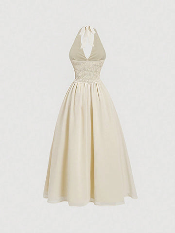 Light Yellow Chiffon Halterneck Romantic Women's Dress,Graduation
