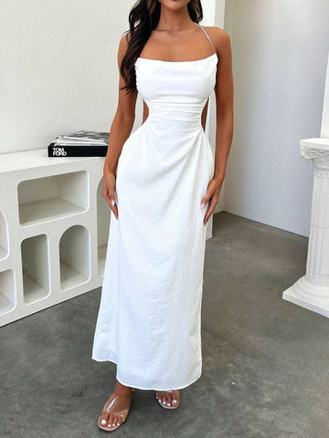 Long Hollow Out Back Waist Belted Cami Dress