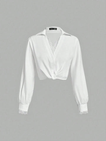 MOD Long Sleeve Blouse With Twist-Knot, Pleated V-Neck, Lace Trim, Romantic & Dreamy Style,