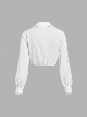 MOD Long Sleeve Blouse With Twist-Knot, Pleated V-Neck, Lace Trim, Romantic & Dreamy Style,